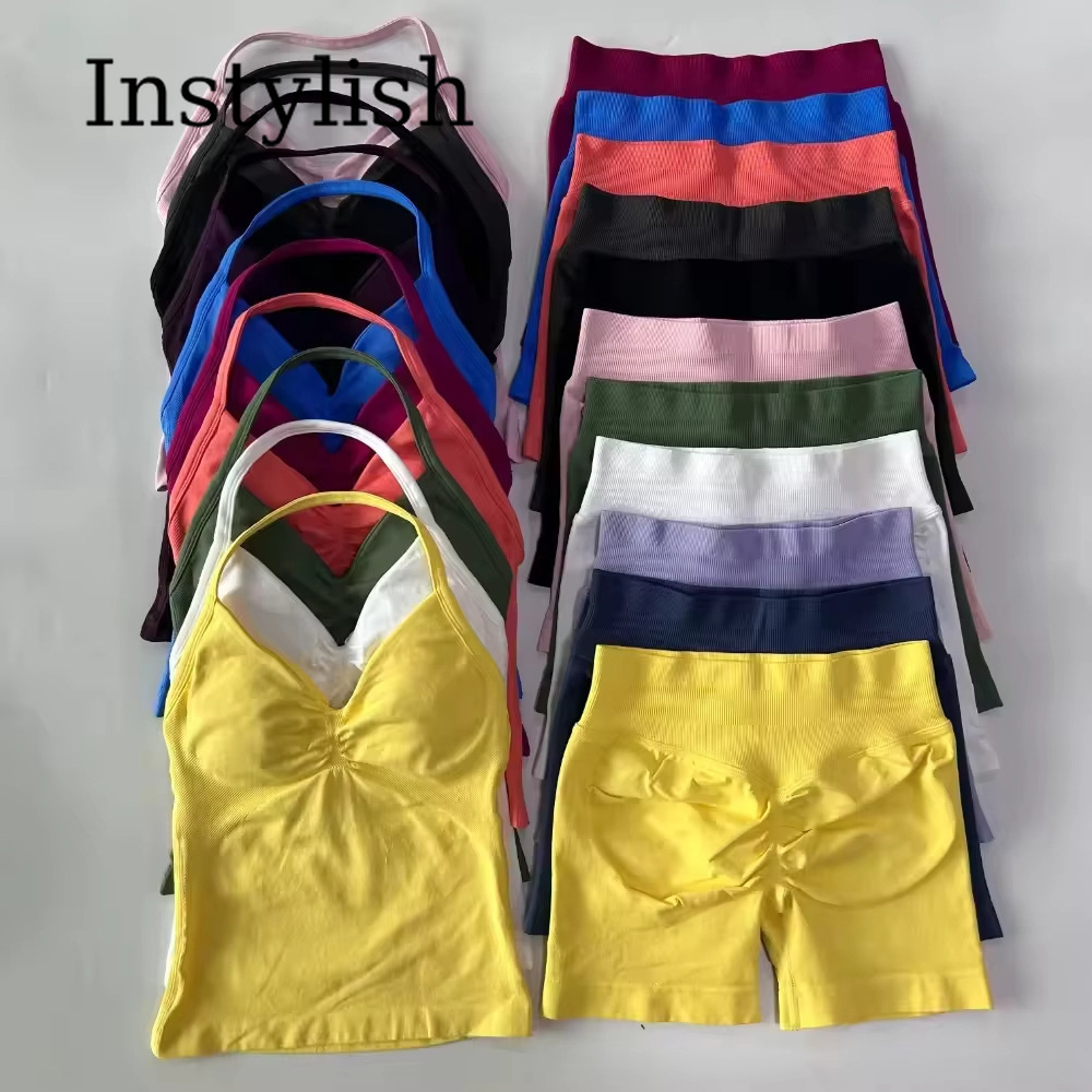 Yoga Fitness Leggings - 女性用シームレスヨガ2ピースセット ホルターVネック ルシュドキャミトップ ハイウエストストレッチレギンス ジムワークアウトフィットネスアクティブウェア衣装